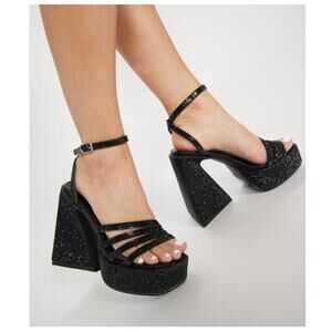 Cobra Rhinestone Black Chunky Triangle Block Platform Heels